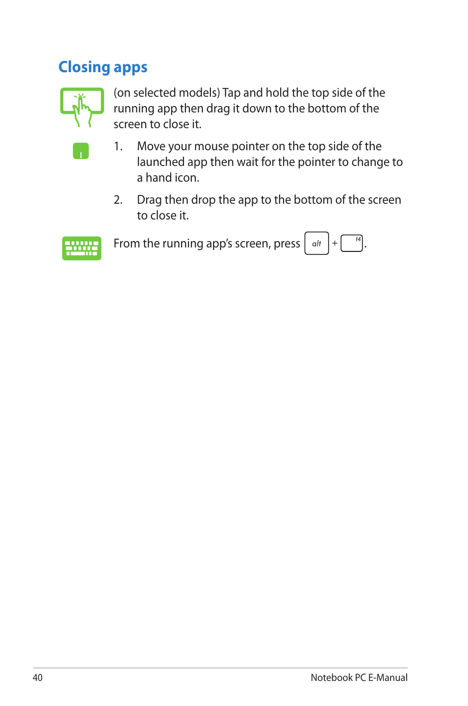 Closing apps | Asus X202E User Manual | Page 40 / 102