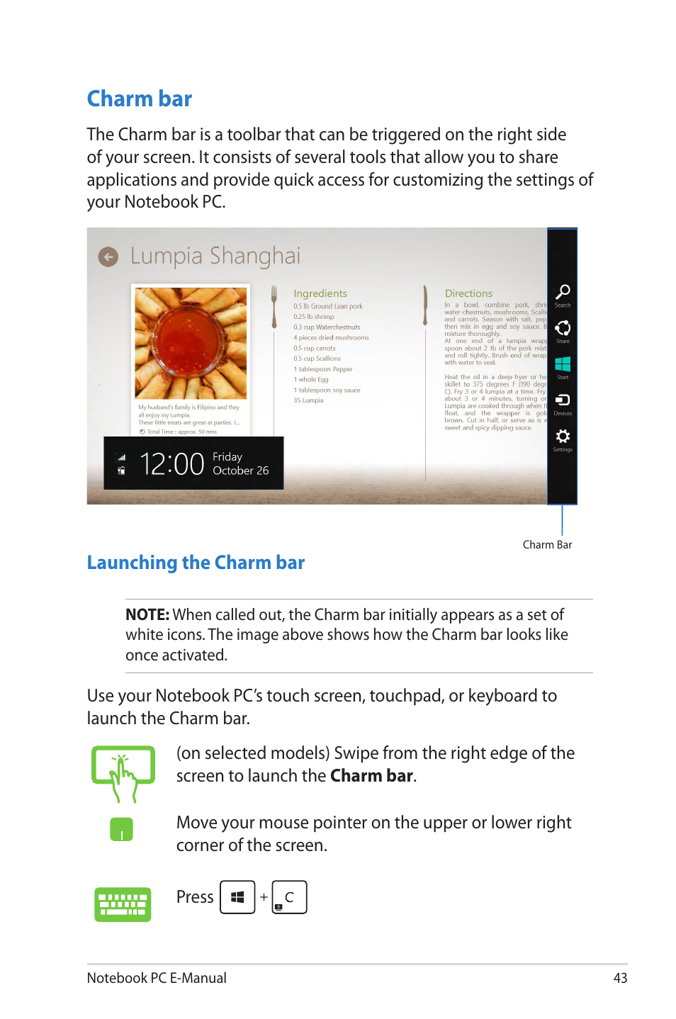 Charm bar | Asus X202E User Manual | Page 43 / 102