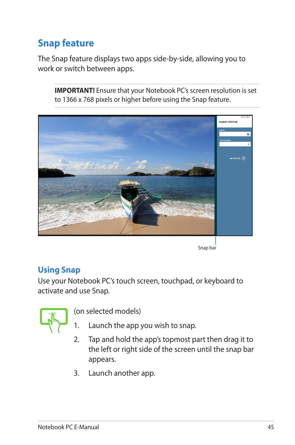 Snap feature | Asus X202E User Manual | Page 45 / 102
