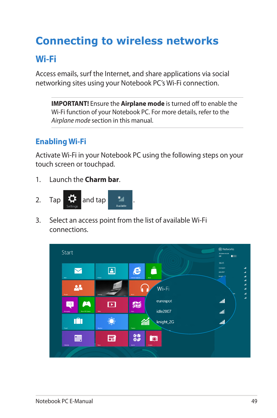 Connecting to wireless networks, Wi-fi | Asus X202E User Manual | Page 49 / 102