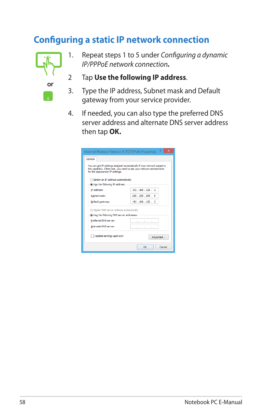 Configuring a static ip network connection | Asus X202E User Manual | Page 58 / 102