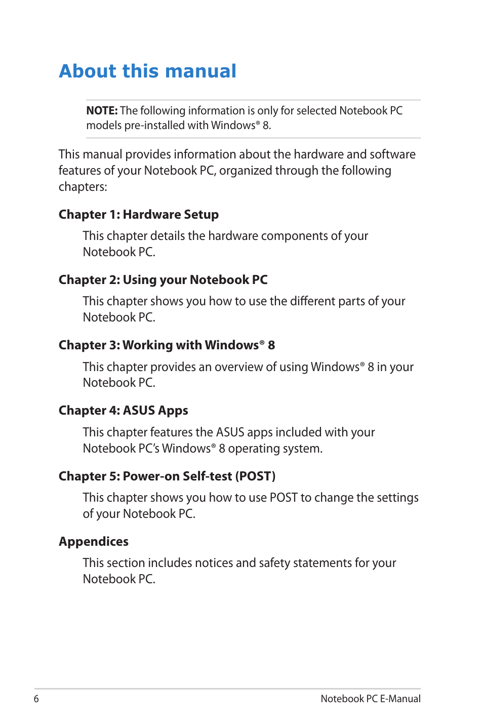 About this manual | Asus X202E User Manual | Page 6 / 102