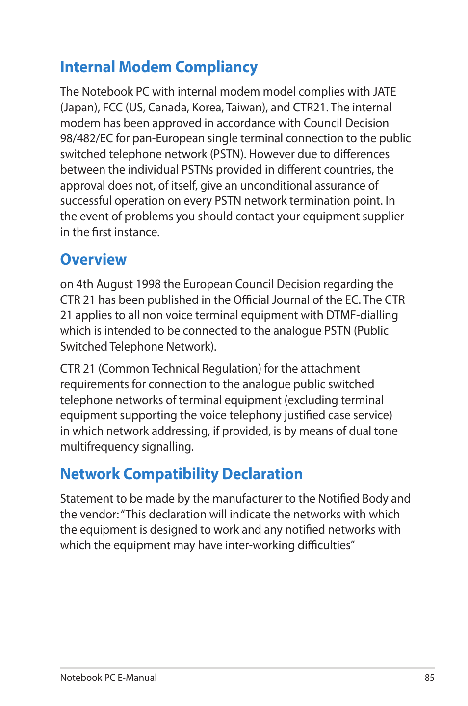 Internal modem compliancy, Overview, Network compatibility declaration | Asus X202E User Manual | Page 85 / 102