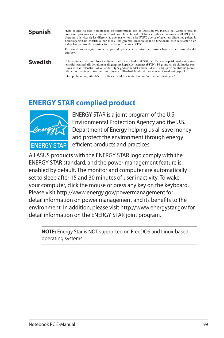 Energy star complied product | Asus X202E User Manual | Page 99 / 102