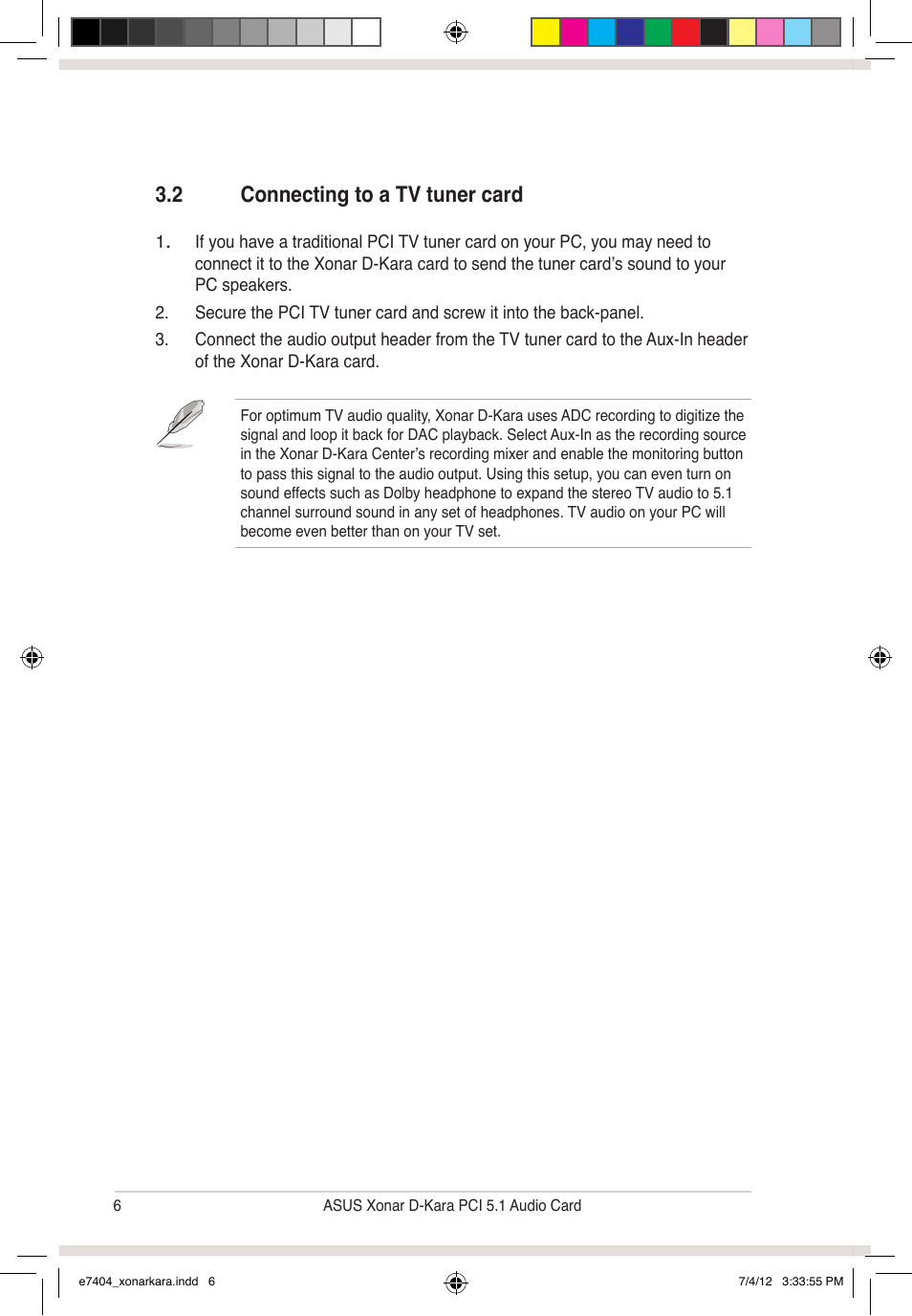 2 connecting to a tv tuner card | Asus Xonar D-Kara User Manual | Page 12 / 44