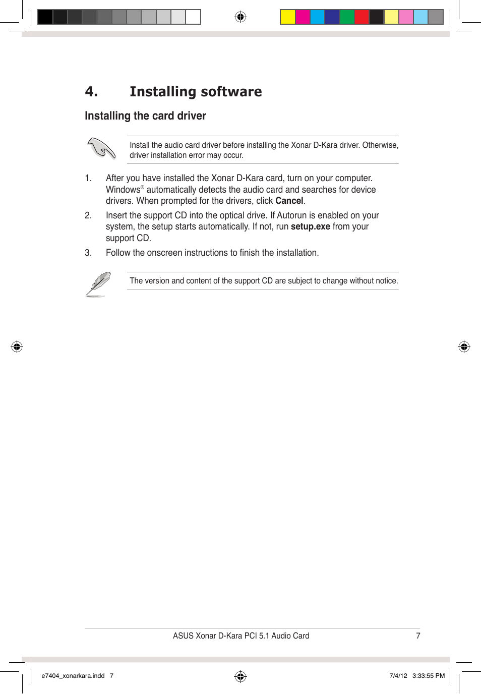 Installing software, Installing the card driver | Asus Xonar D-Kara User Manual | Page 13 / 44