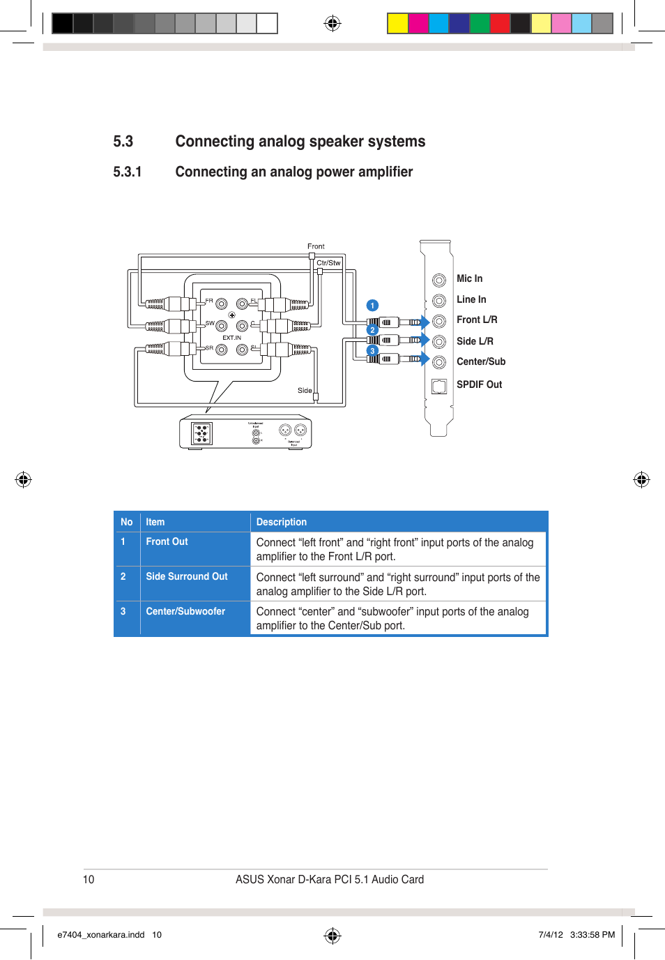 3 connecting analog speaker systems, 1 connecting an analog power amplifier | Asus Xonar D-Kara User Manual | Page 16 / 44