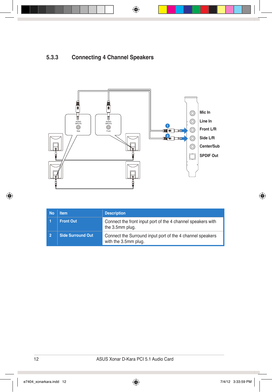 3 connecting 4 channel speakers, 12 asus xonar d-kara pci 5.1 audio card | Asus Xonar D-Kara User Manual | Page 18 / 44