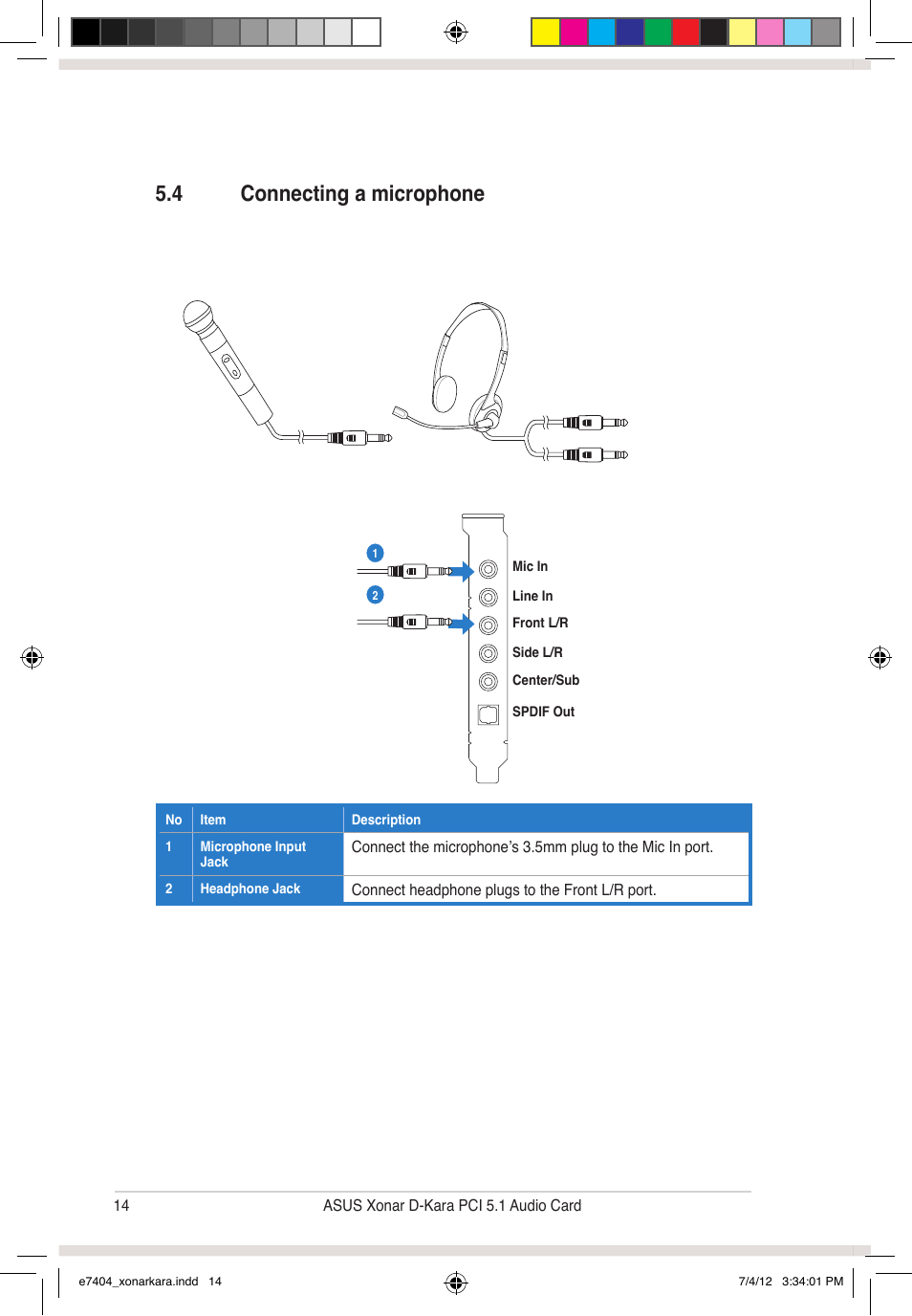 4 connecting a microphone | Asus Xonar D-Kara User Manual | Page 20 / 44