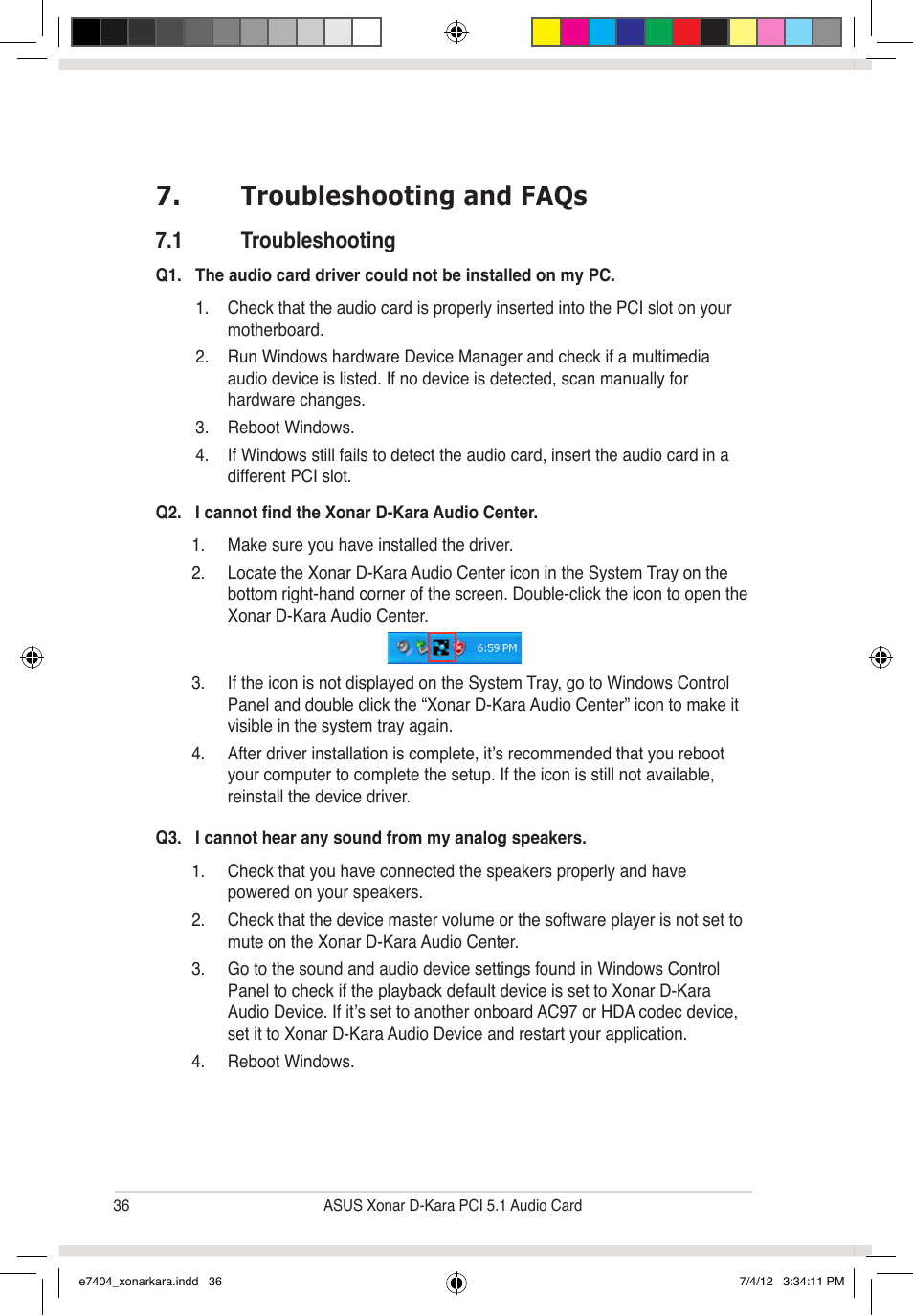 Troubleshooting and faqs, 1 troubleshooting | Asus Xonar D-Kara User Manual | Page 42 / 44