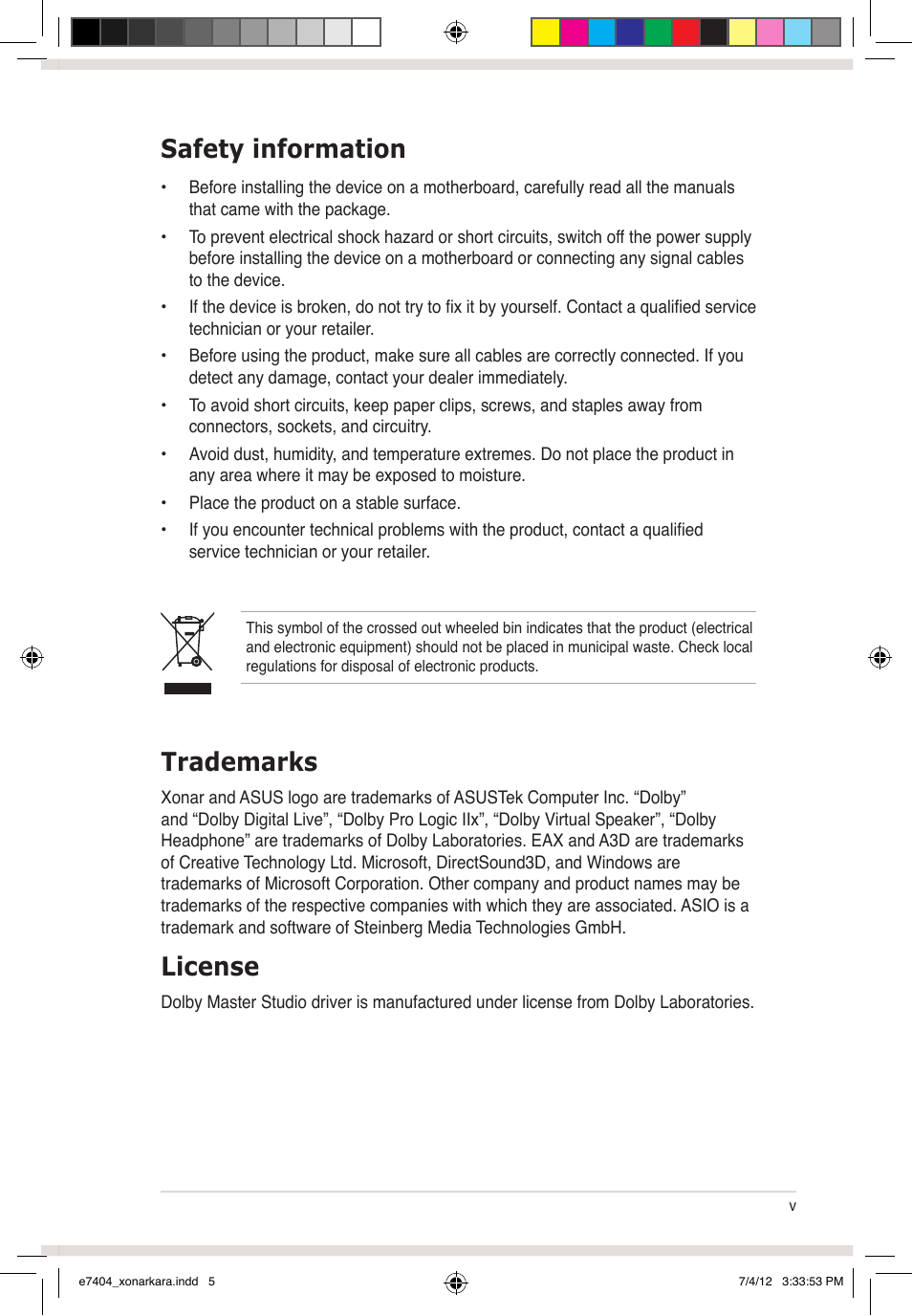 Safety information, Trademarks, License | Asus Xonar D-Kara User Manual | Page 5 / 44