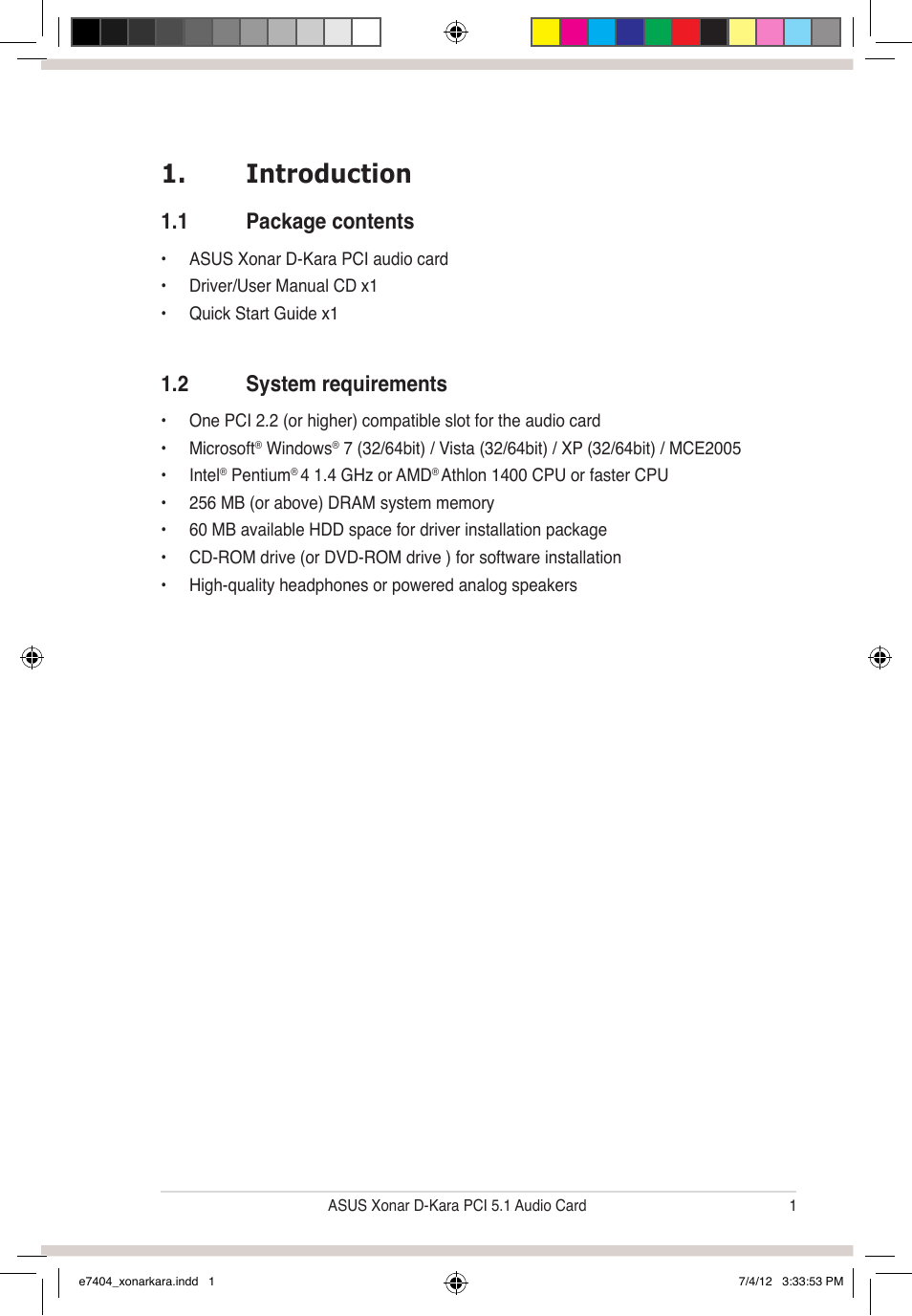 Introduction, 1 package contents, 2 system requirements | Asus Xonar D-Kara User Manual | Page 7 / 44