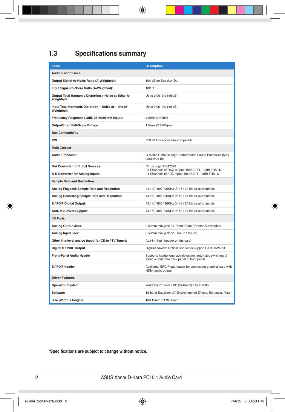 3 specifications summary, 2asus xonar d-kara pci 5.1 audio card | Asus Xonar D-Kara User Manual | Page 8 / 44