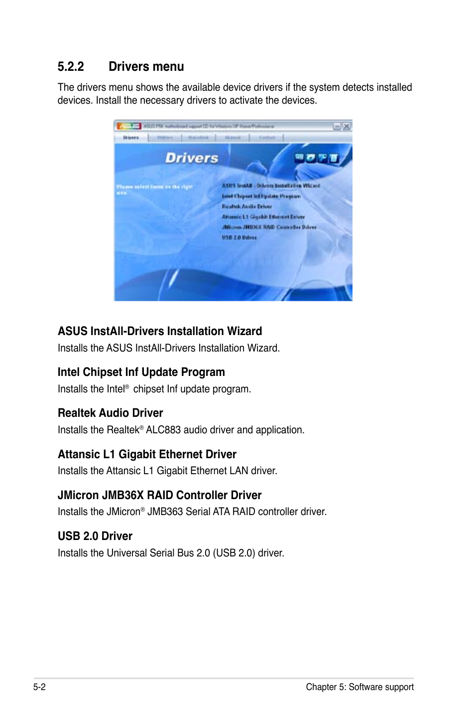 2 drivers menu | Asus P5K User Manual | Page 108 / 150