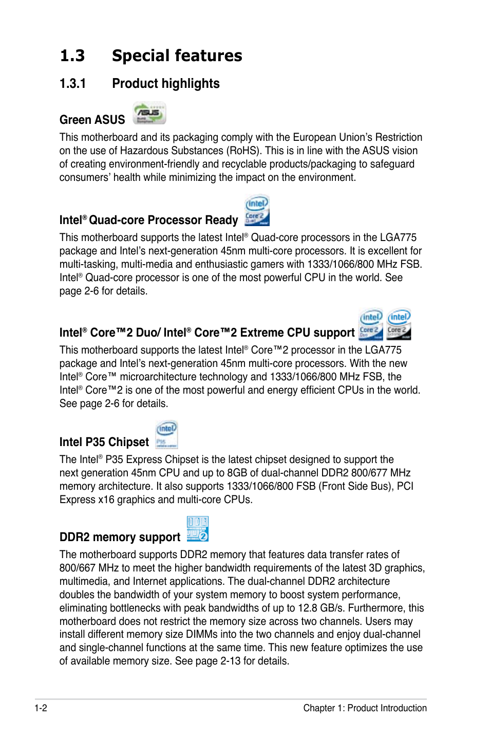 3 special features, 1 product highlights | Asus P5K User Manual | Page 18 / 150