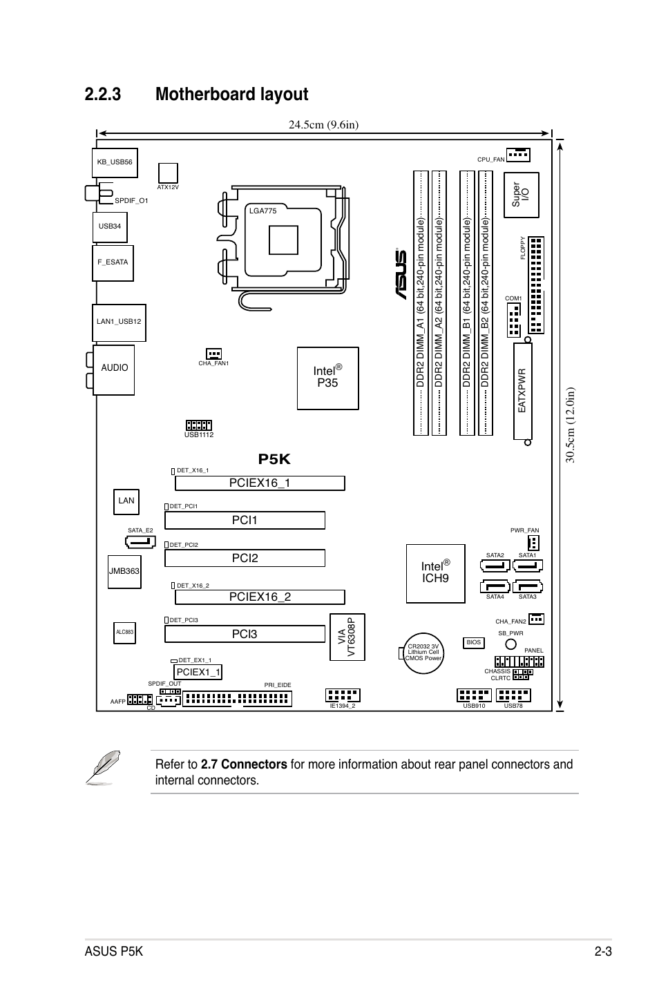 3 motherboard layout, Asus p5k 2-3, Pciex16_2 | Intel, Ich9, P35 pci1 | Asus P5K User Manual | Page 27 / 150