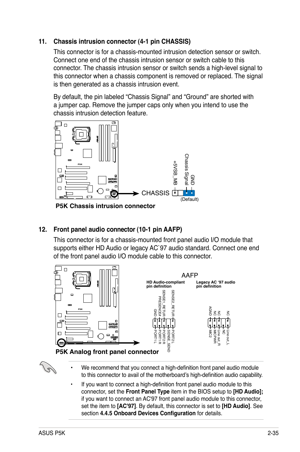 P5k chassis intrusion connector chassis, P5k analog front panel connector aafp, Asus p5k 2-35 | Asus P5K User Manual | Page 59 / 150