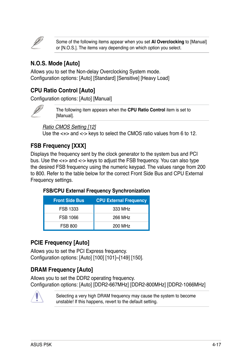 N.o.s. mode [auto, Cpu ratio control [auto, Fsb frequency [xxx | Pcie frequency [auto, Dram frequency [auto | Asus P5K User Manual | Page 85 / 150