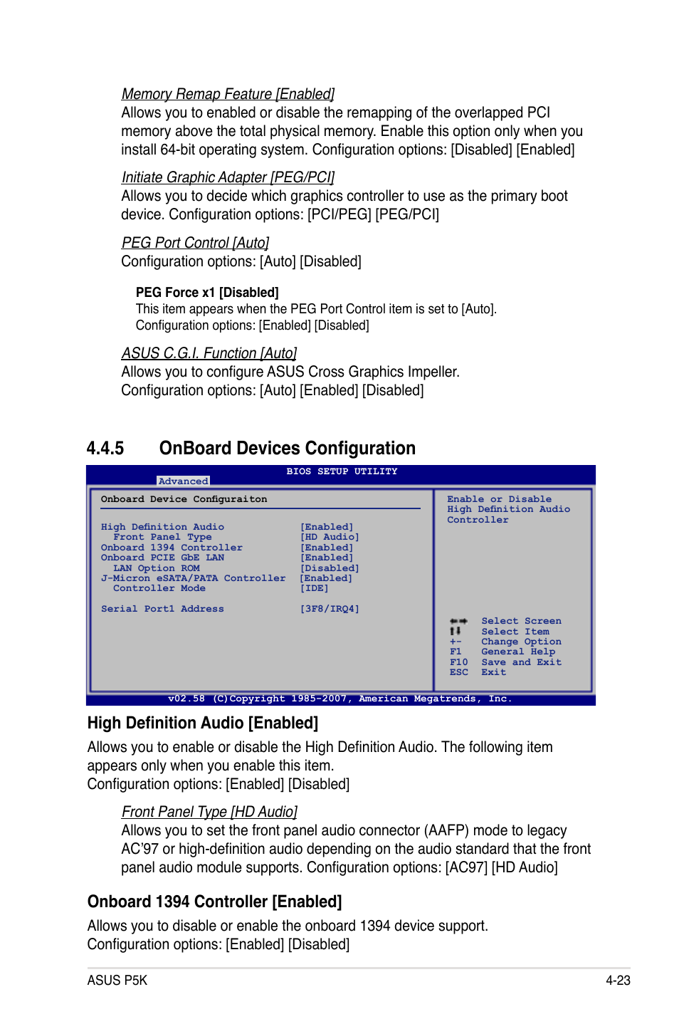 5 onboard devices configuration, High definition audio [enabled, Onboard 1394 controller [enabled | Asus P5K User Manual | Page 91 / 150