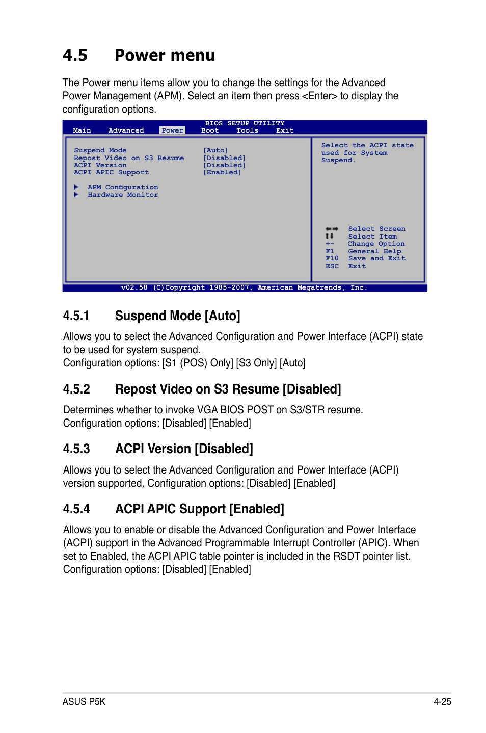 5 power menu, 1 suspend mode [auto, 2 repost video on s3 resume [disabled | 3 acpi version [disabled, 4 acpi apic support [enabled | Asus P5K User Manual | Page 93 / 150