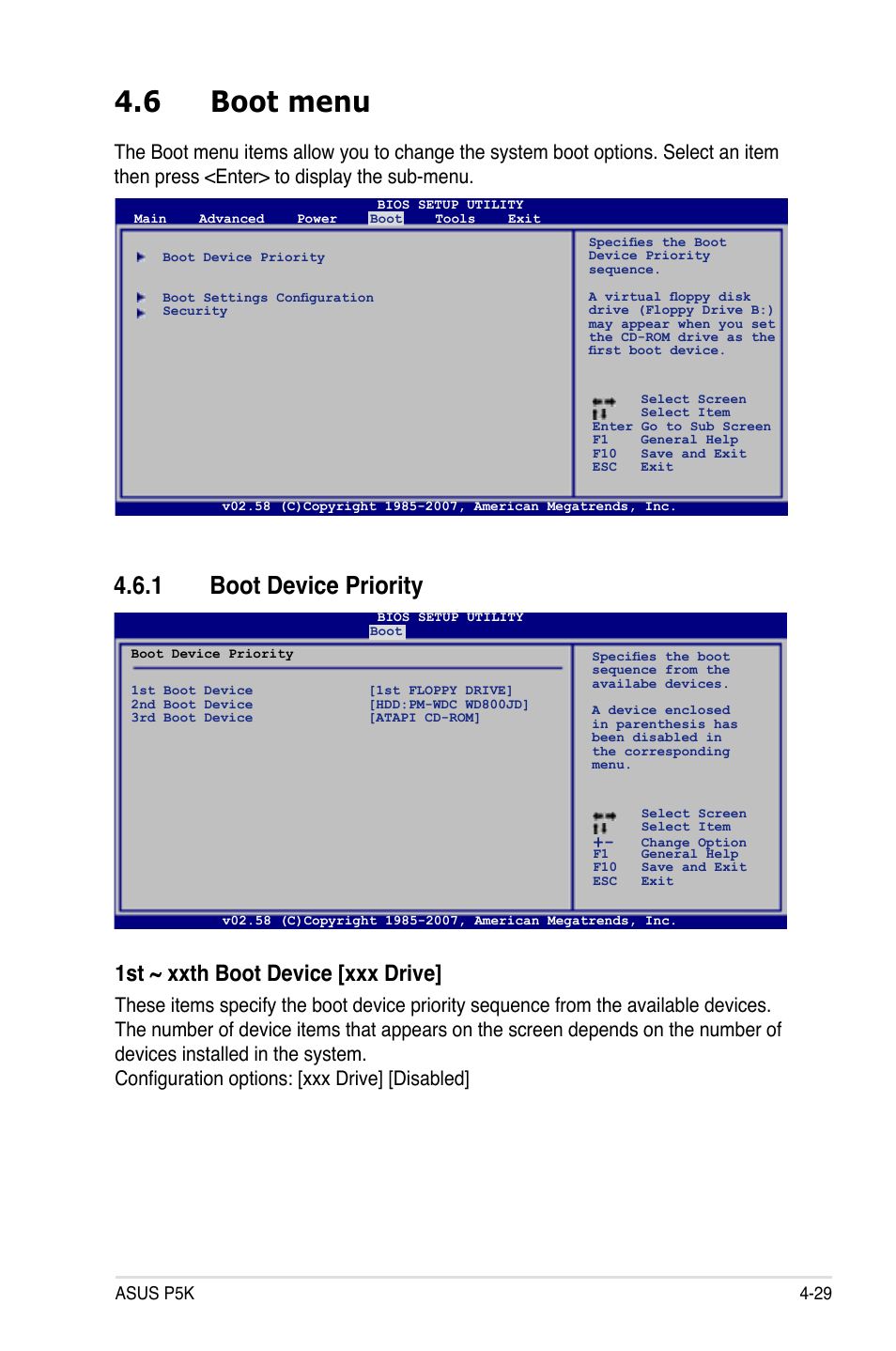 6 boot menu, 1 boot device priority, 1st ~ xxth boot device [xxx drive | Asus P5K User Manual | Page 97 / 150