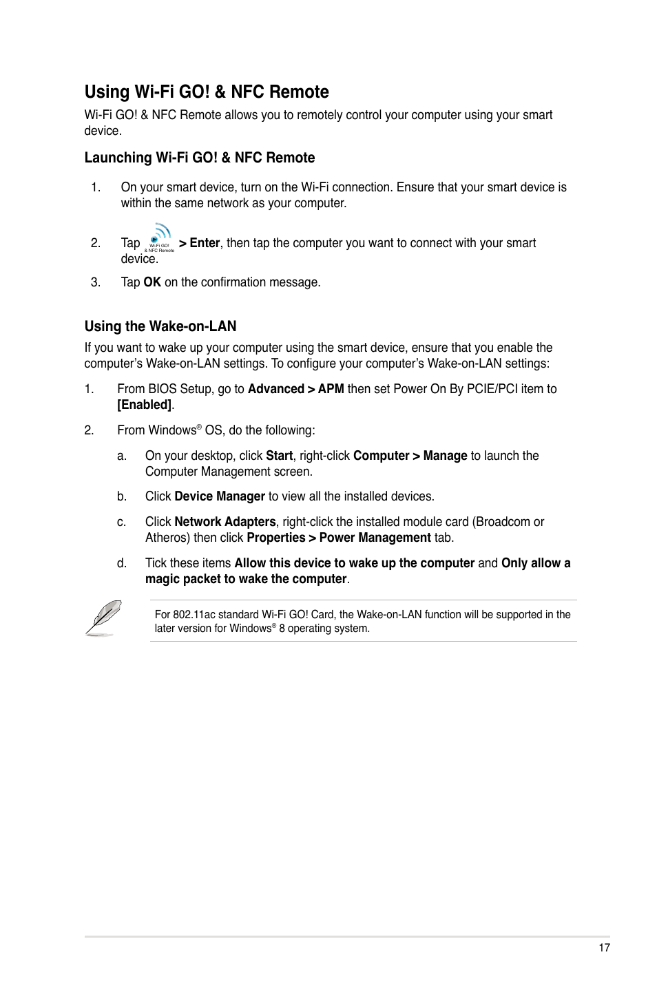 Using wi-fi go! & nfc remote | Asus Z87-PRO User Manual | Page 17 / 24