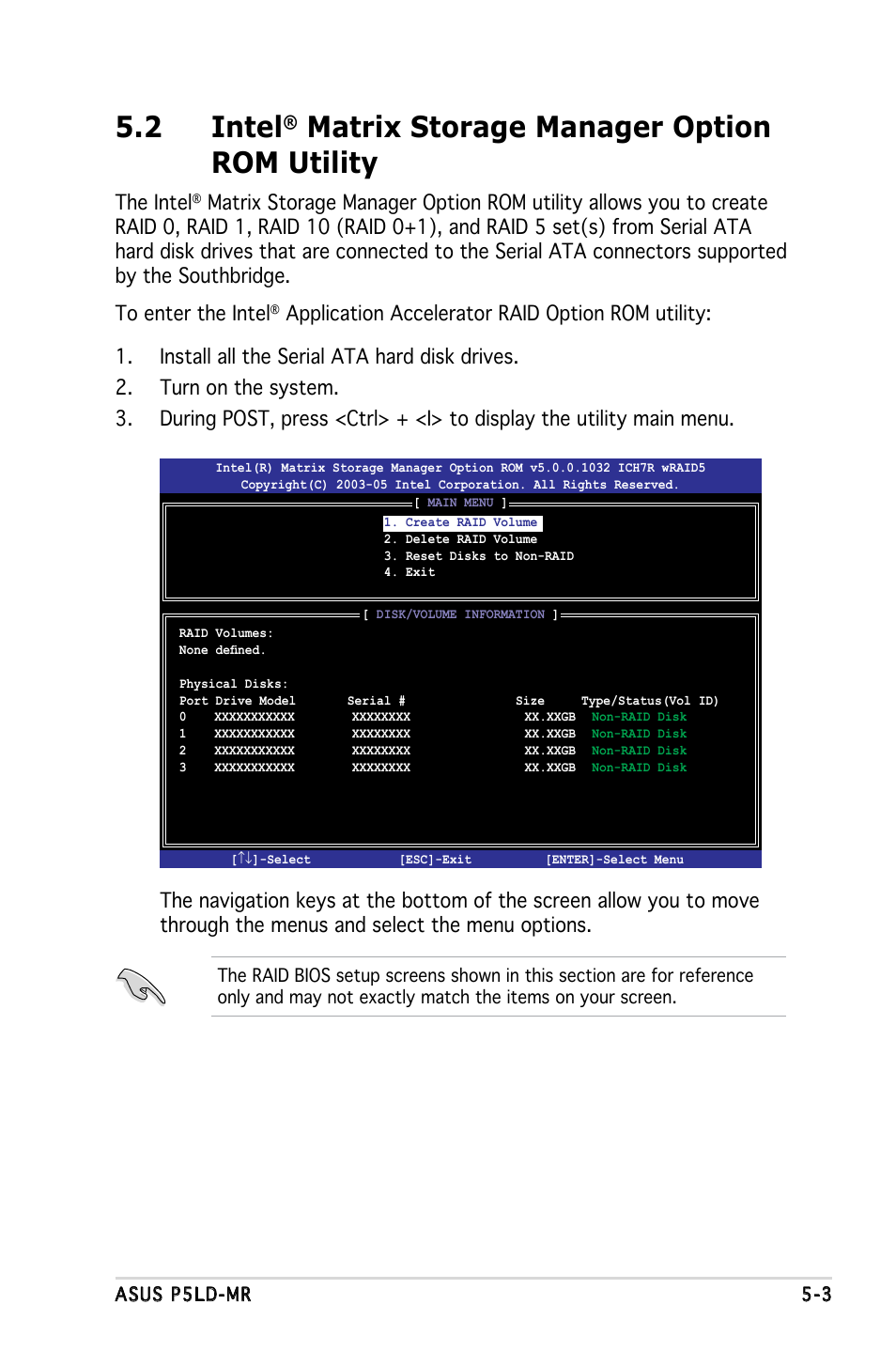 2 intel, Matrix storage manager option rom utility, The intel | Asus P5LD-MR User Manual | Page 101 / 160