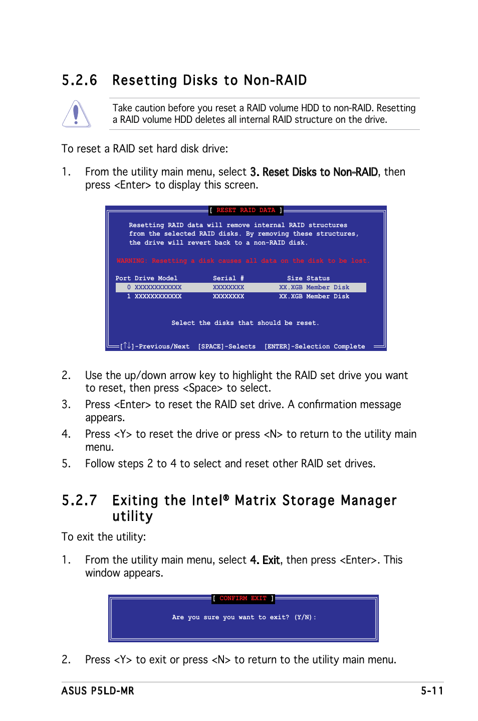 7 exiting the intel, Matrix storage manager utility, 6 resetting disks to non-raid | Asus P5LD-MR User Manual | Page 109 / 160