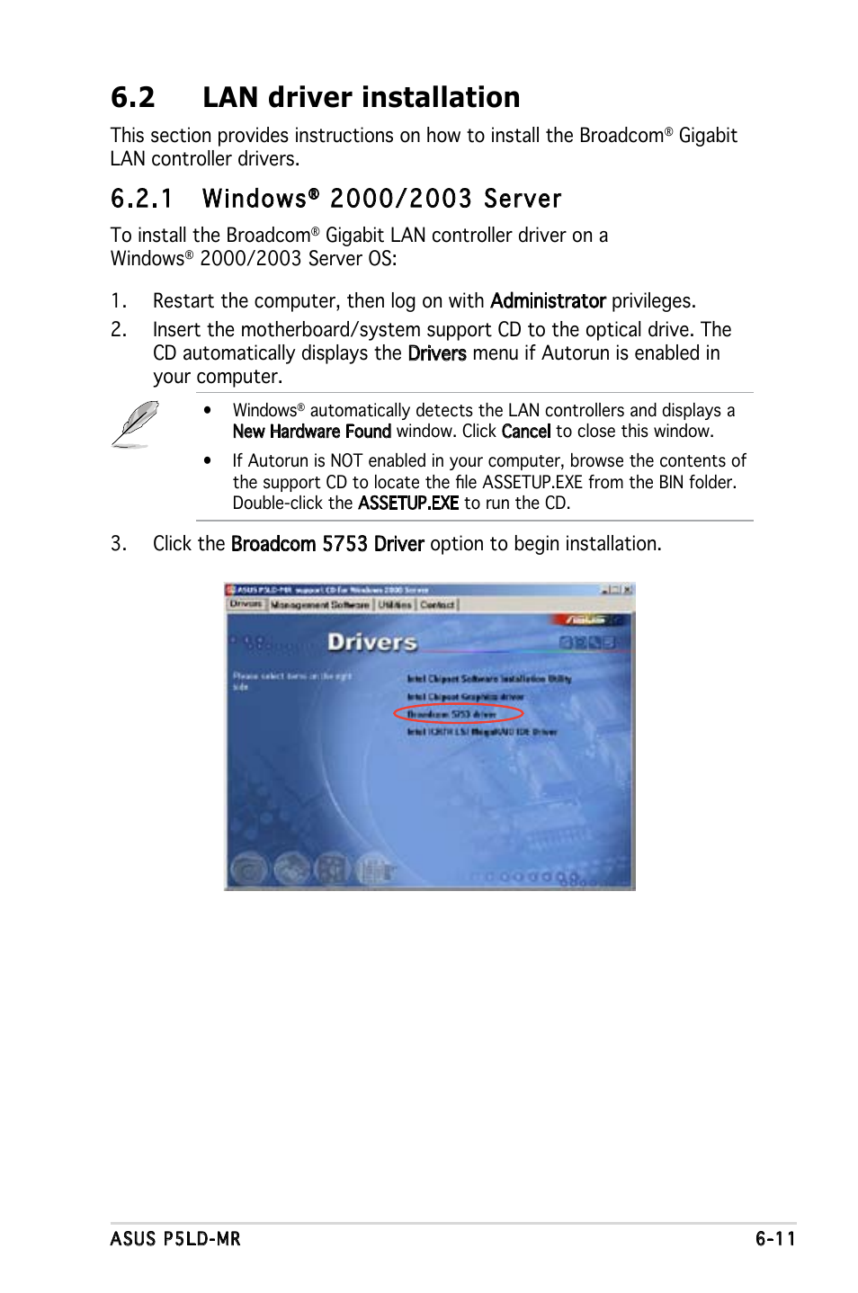 2 lan driver installation, 1 windows | Asus P5LD-MR User Manual | Page 147 / 160