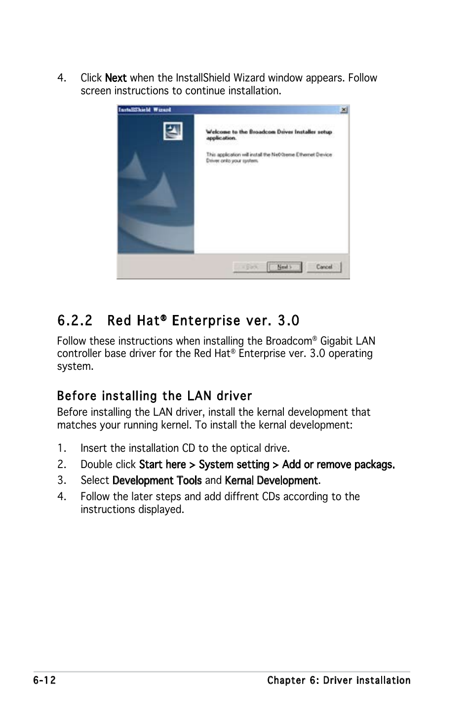 2 red hat, Enterprise ver. 3.0, Before installing the lan driver | Asus P5LD-MR User Manual | Page 148 / 160