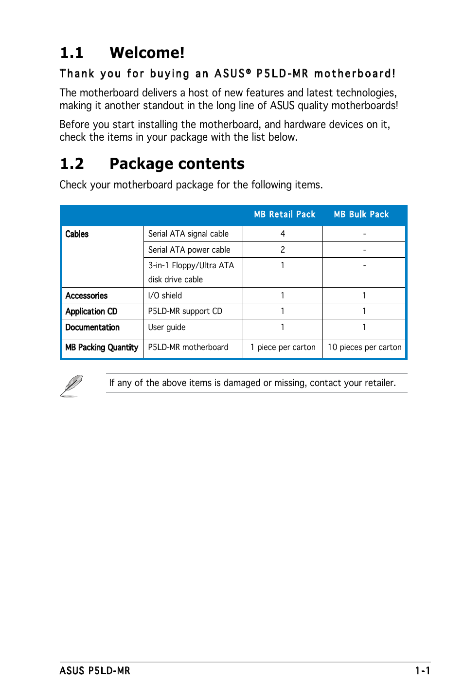 1 welcome, 2 package contents | Asus P5LD-MR User Manual | Page 15 / 160