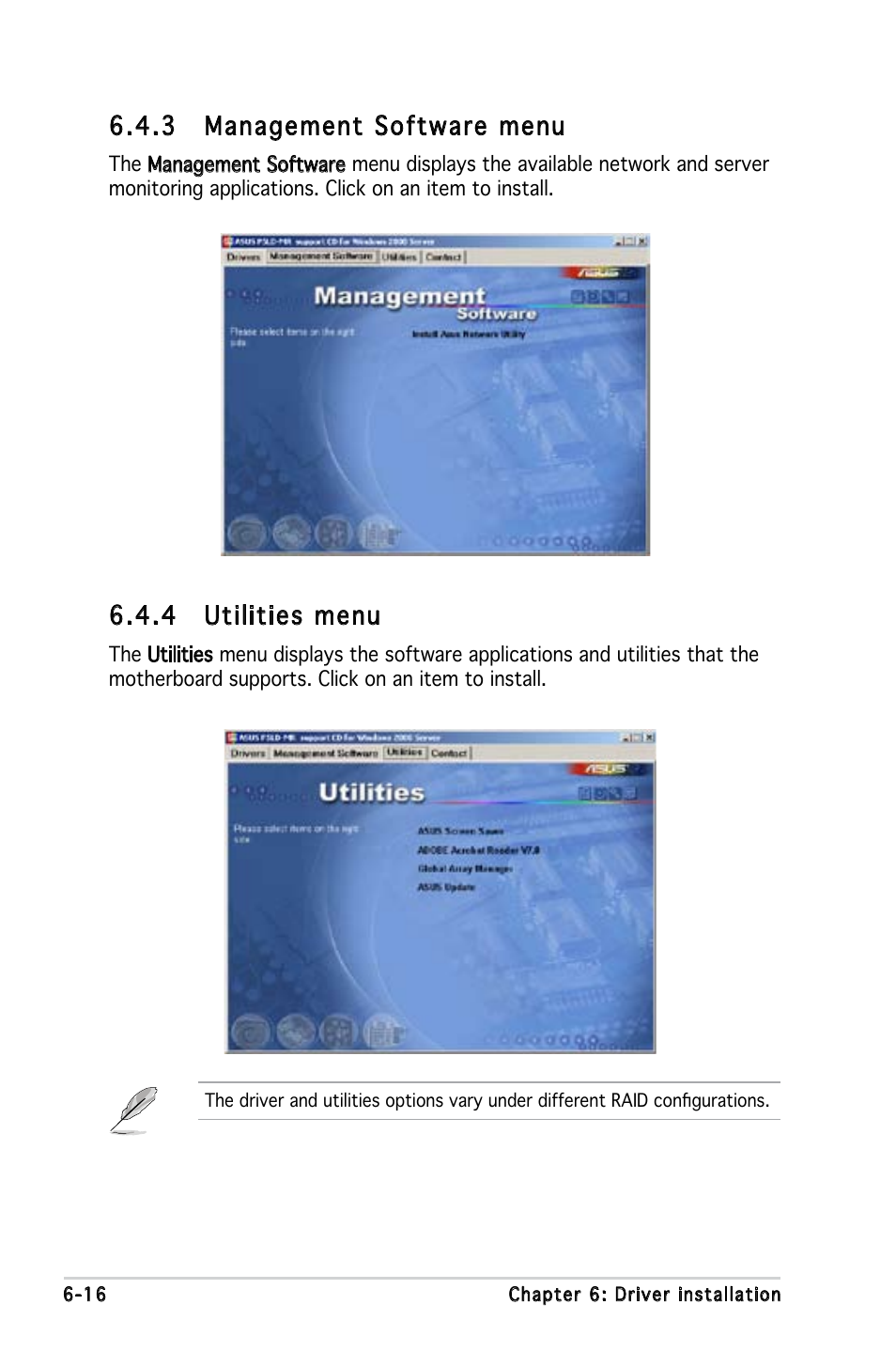 3 management software menu, 4 utilities menu | Asus P5LD-MR User Manual | Page 152 / 160