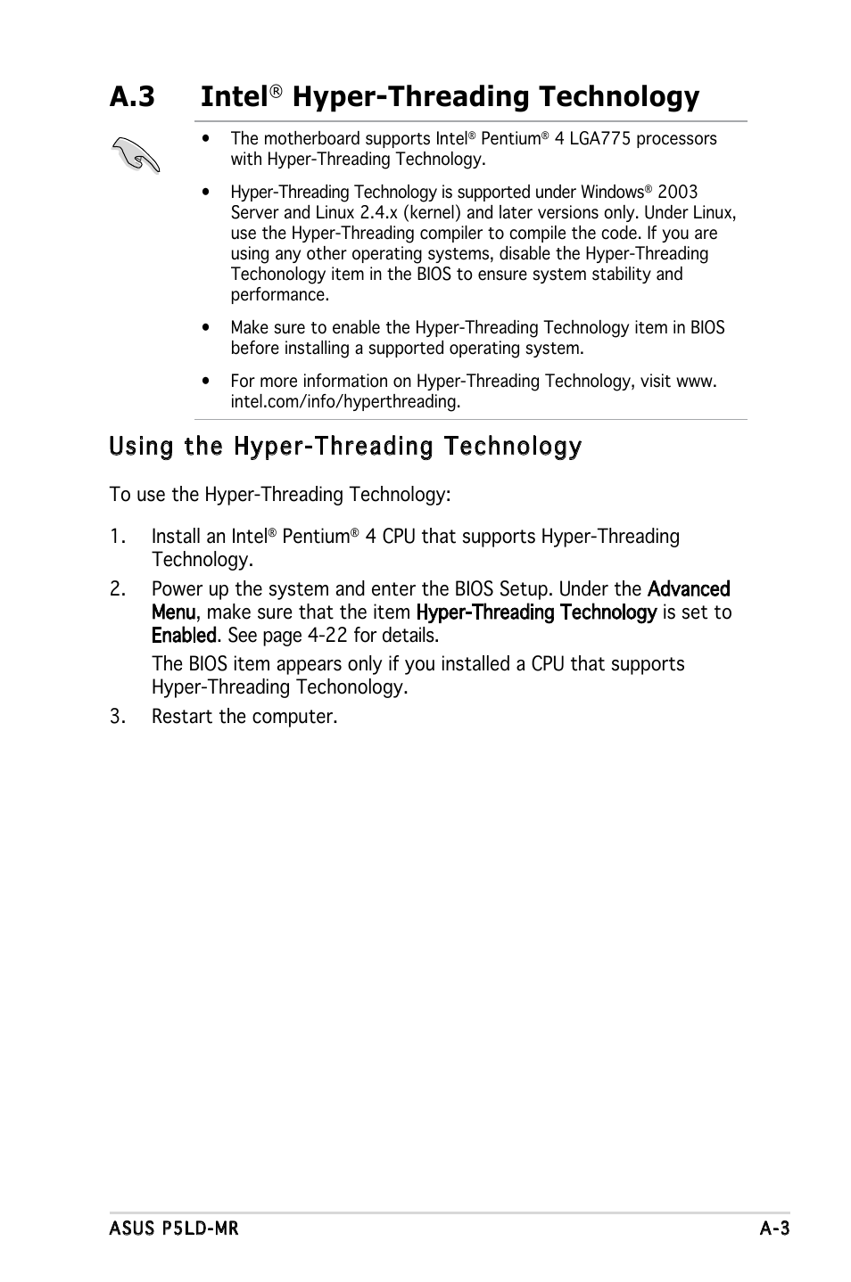 A.3 intel, Hyper-threading technology, Using the hyper-threading technology | Asus P5LD-MR User Manual | Page 159 / 160