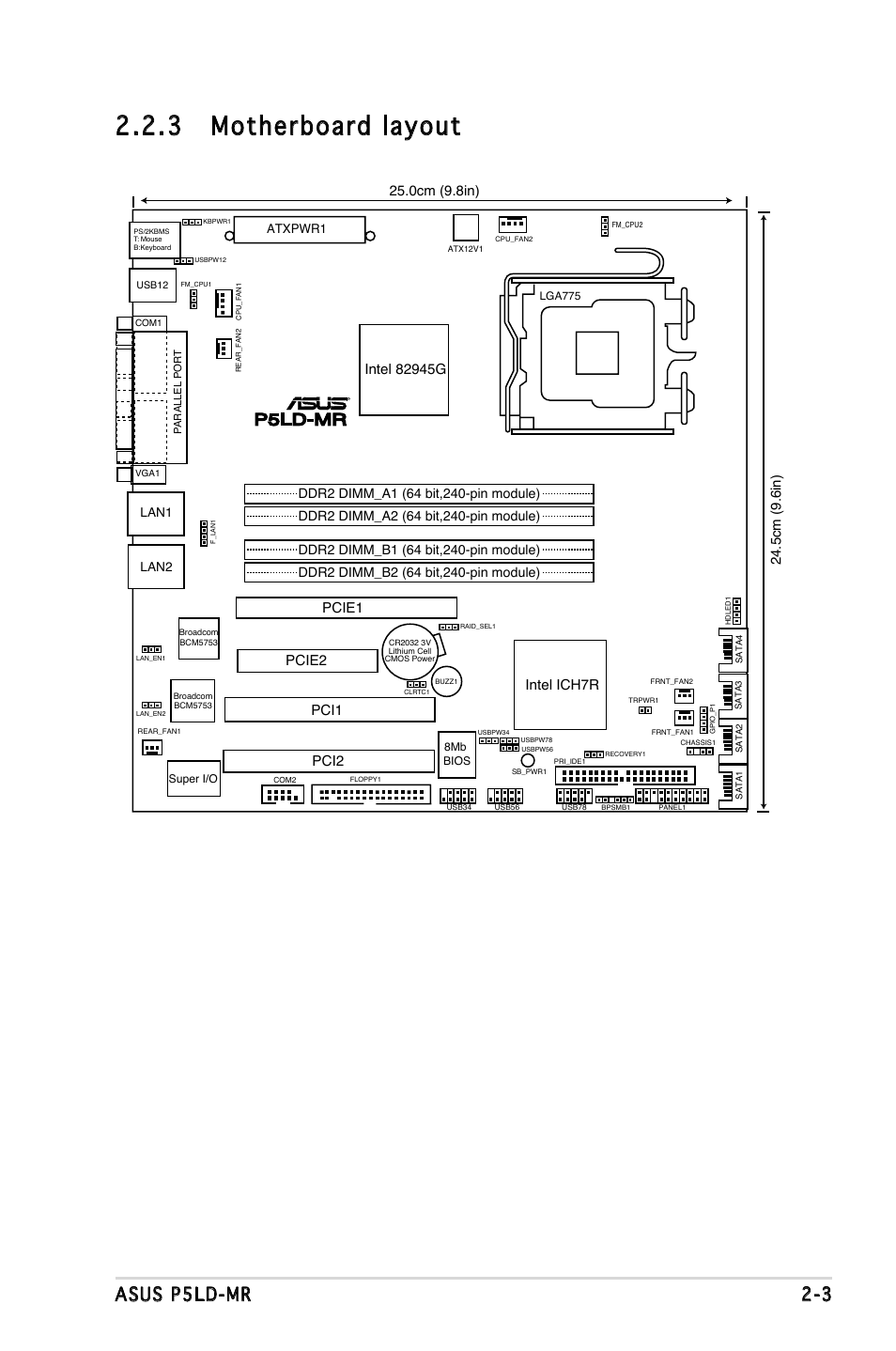 3 motherboard layout, Asus p5ld-mr 2-3, P5ld-mr | Pcie1 pci1 pcie2 pci2 | Asus P5LD-MR User Manual | Page 23 / 160
