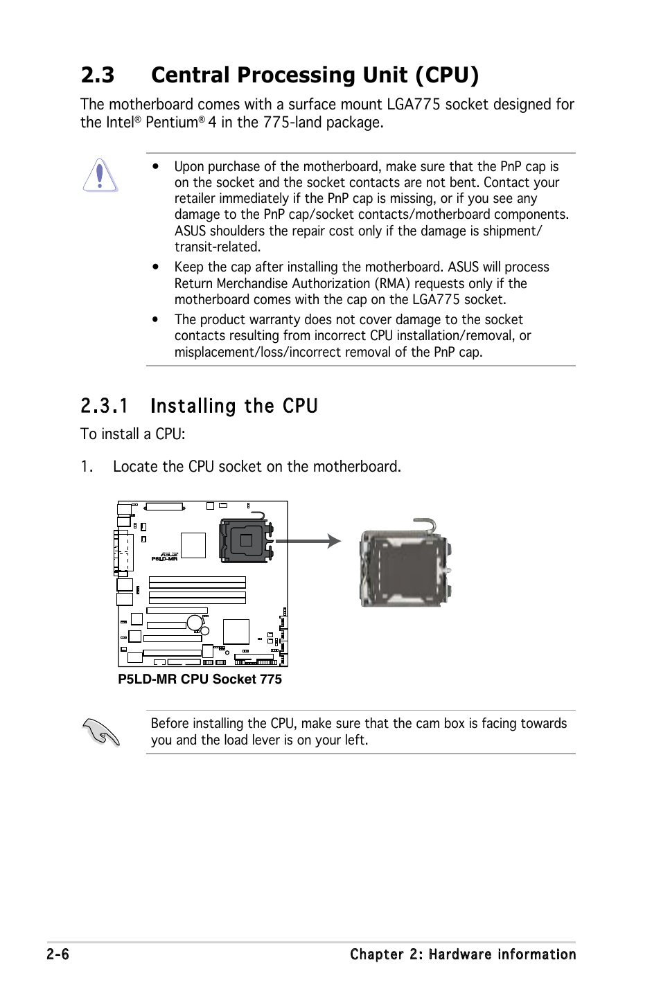 3 central processing unit (cpu), 1 installing the cpu | Asus P5LD-MR User Manual | Page 26 / 160