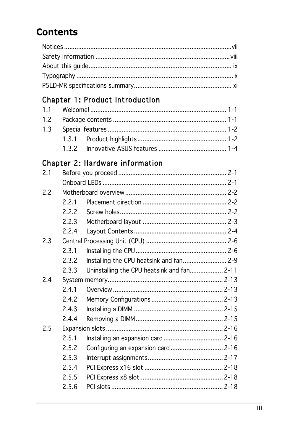 Asus P5LD-MR User Manual | Page 3 / 160