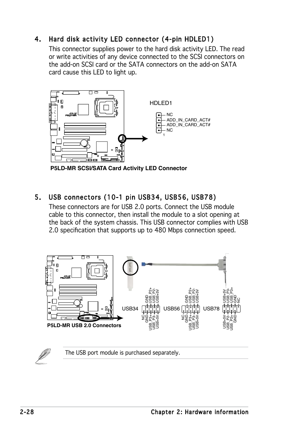 28 chapter 2: hardware information, The usb port module is purchased separately, Usb56 | Usb78 | Asus P5LD-MR User Manual | Page 48 / 160