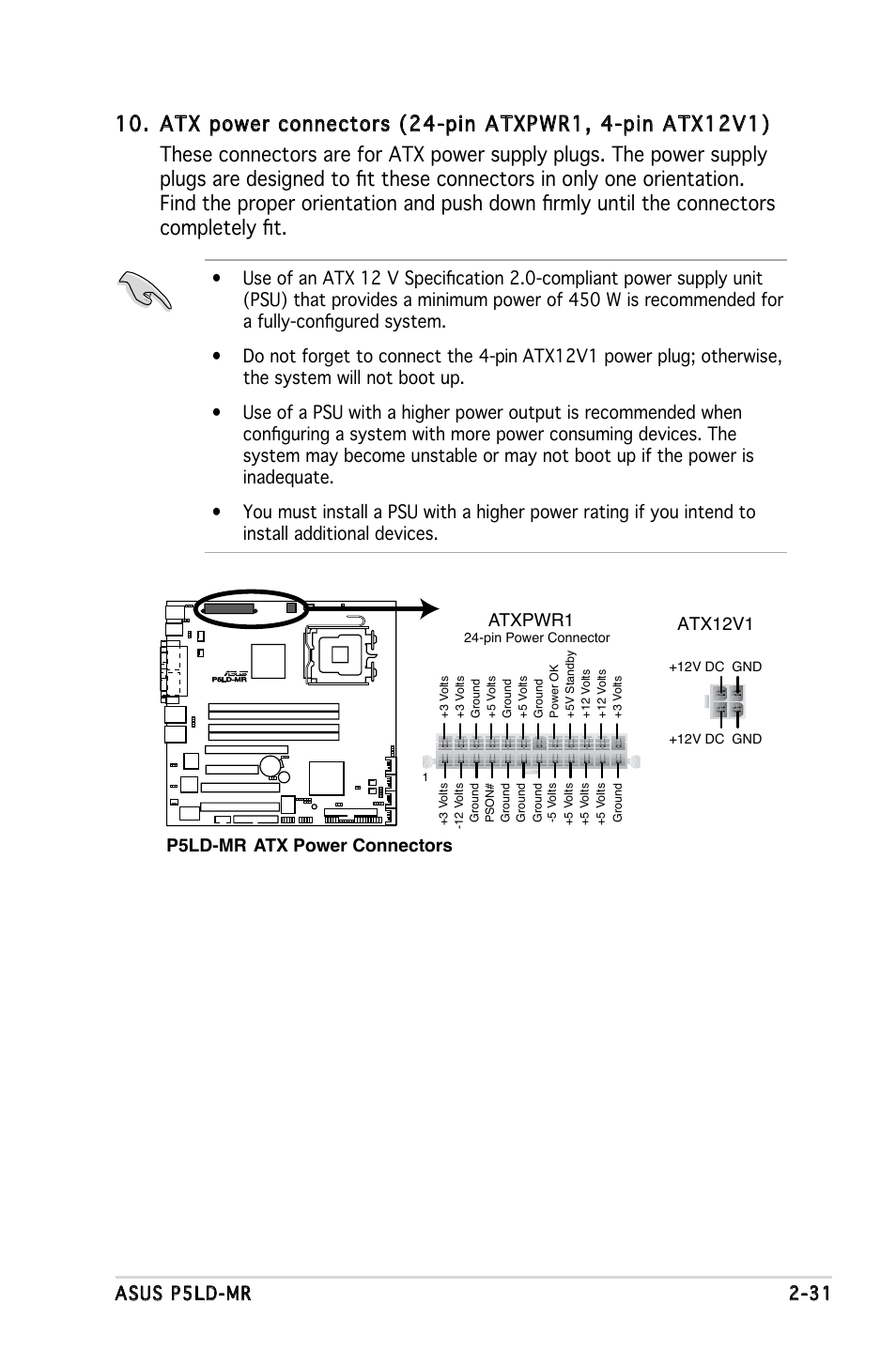 Asus p5ld-mr 2-31, P5ld-mr atx power connectors, Atx12v1 atxpwr1 | Asus P5LD-MR User Manual | Page 51 / 160