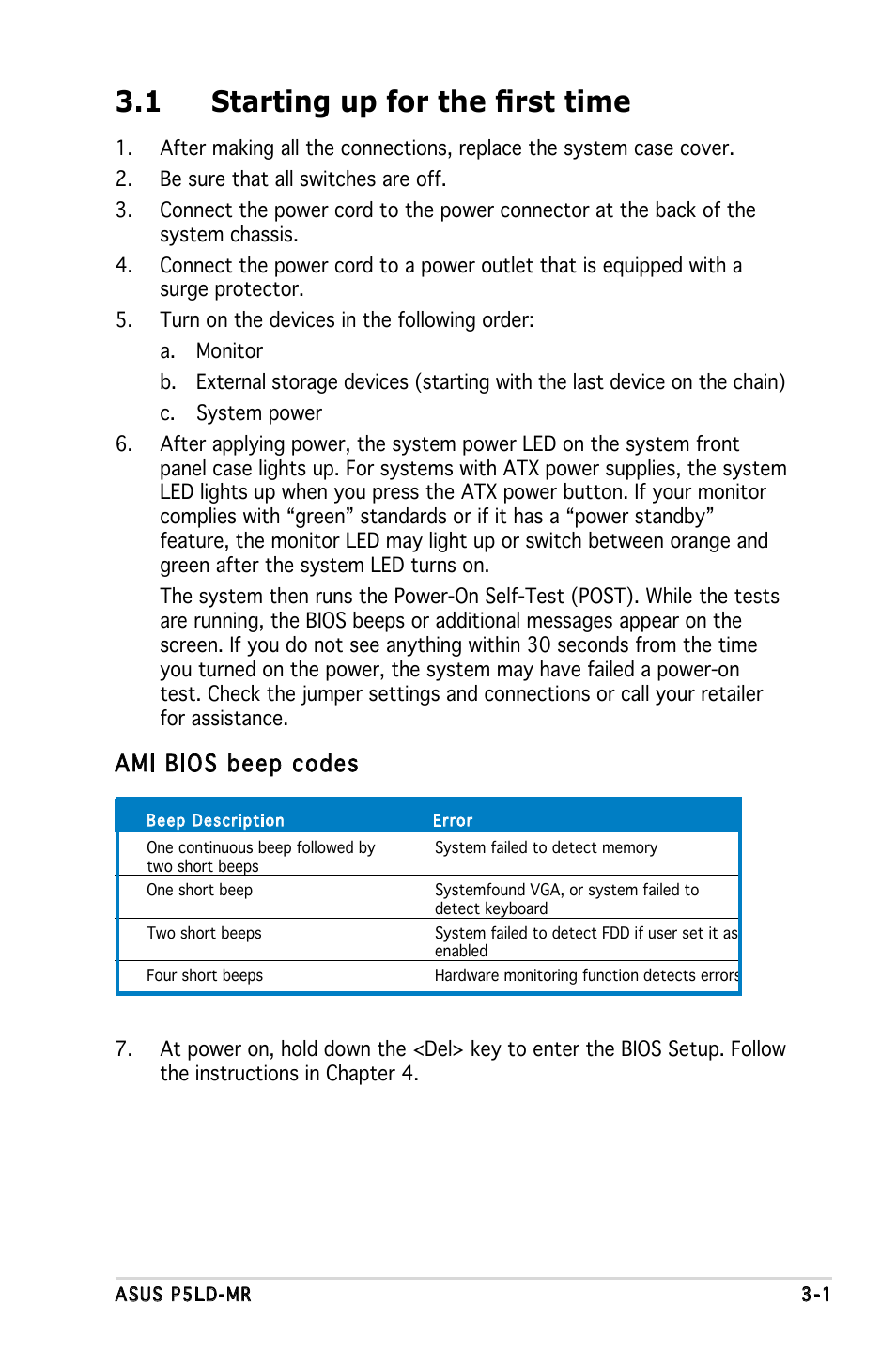 1 starting up for the first time, Ami bios beep codes | Asus P5LD-MR User Manual | Page 57 / 160