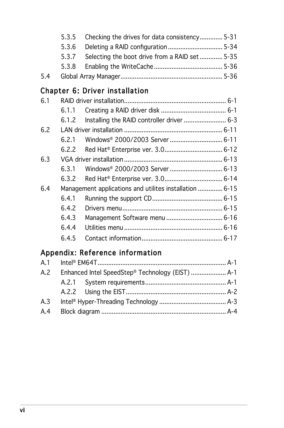 Chapter 6: driver installation, Appendix: reference information | Asus P5LD-MR User Manual | Page 6 / 160