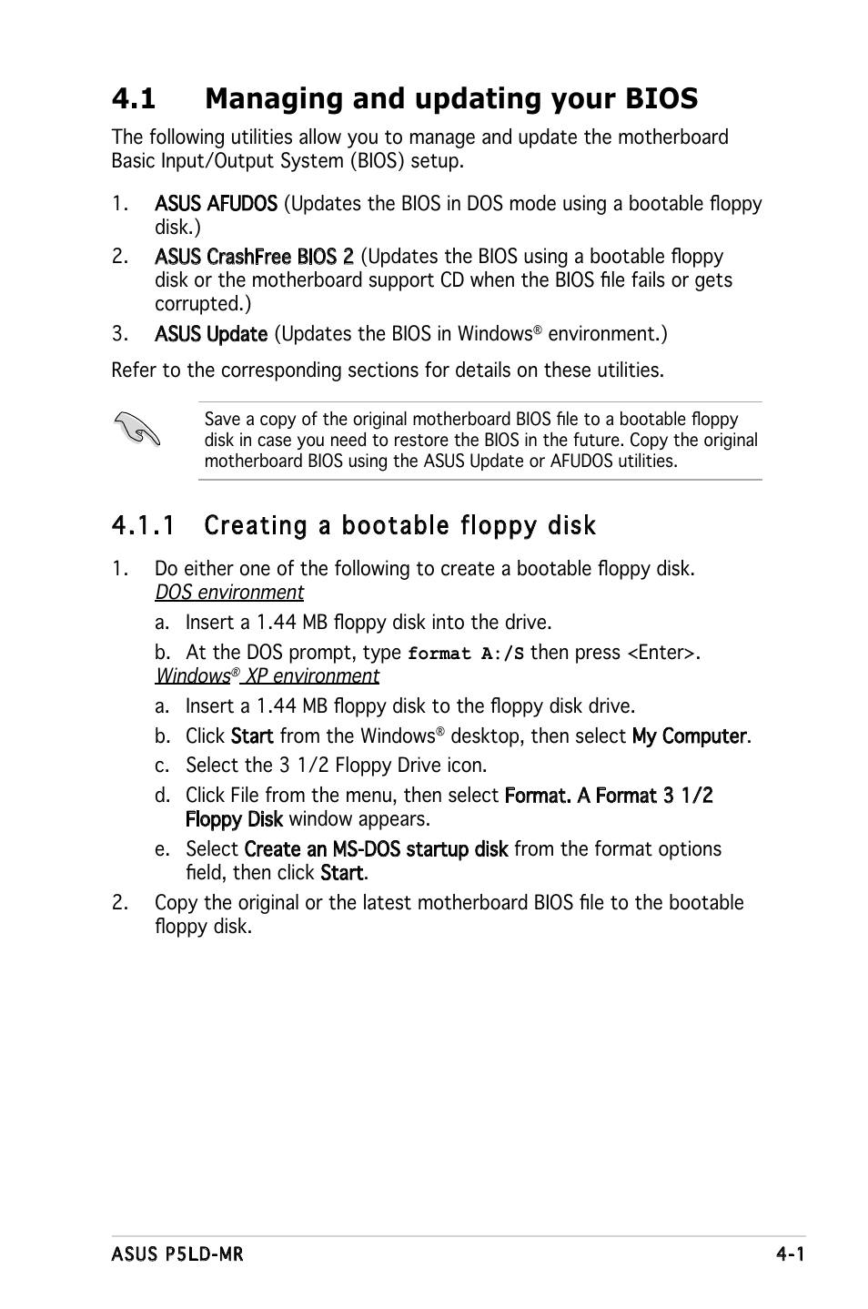 1 managing and updating your bios, 1 creating a bootable floppy disk | Asus P5LD-MR User Manual | Page 61 / 160