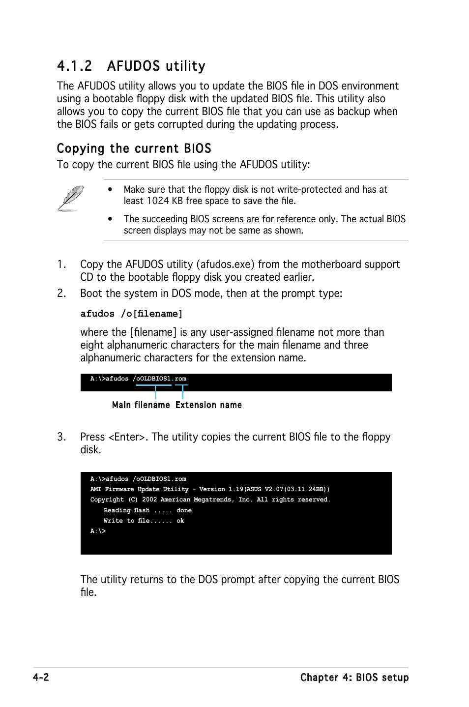 2 afudos utility, Copying the current bios | Asus P5LD-MR User Manual | Page 62 / 160