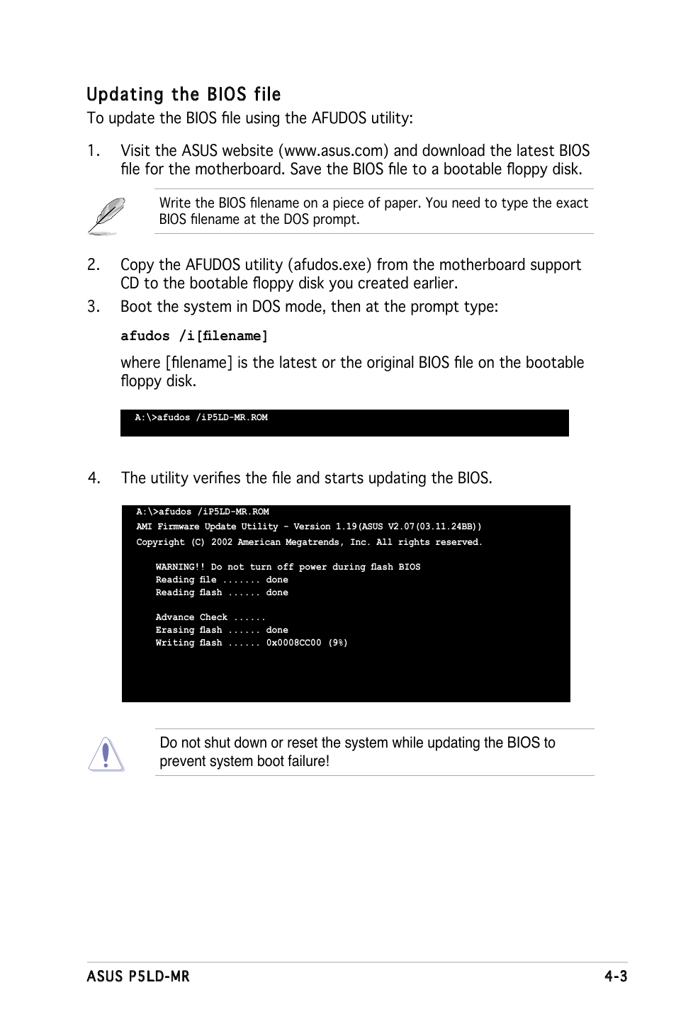Updating the bios file | Asus P5LD-MR User Manual | Page 63 / 160