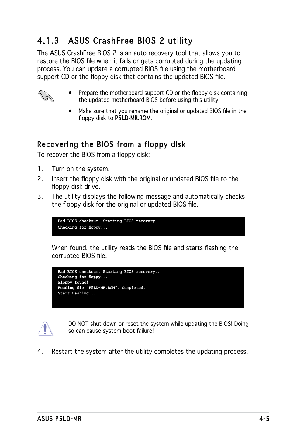 3 asus crashfree bios 2 utility, Recovering the bios from a floppy disk | Asus P5LD-MR User Manual | Page 65 / 160