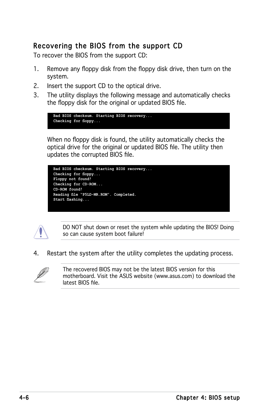 Recovering the bios from the support cd | Asus P5LD-MR User Manual | Page 66 / 160