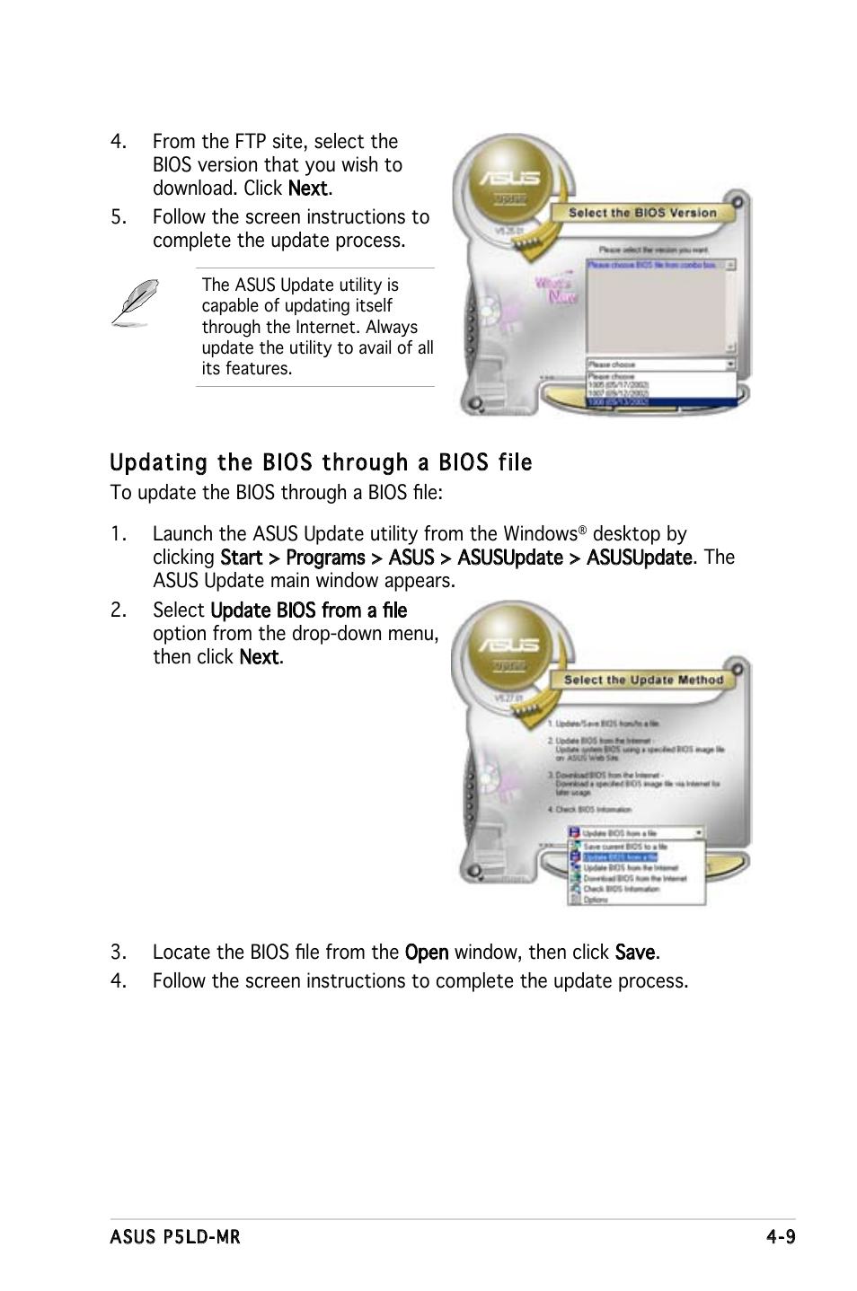 Updating the bios through a bios file | Asus P5LD-MR User Manual | Page 69 / 160