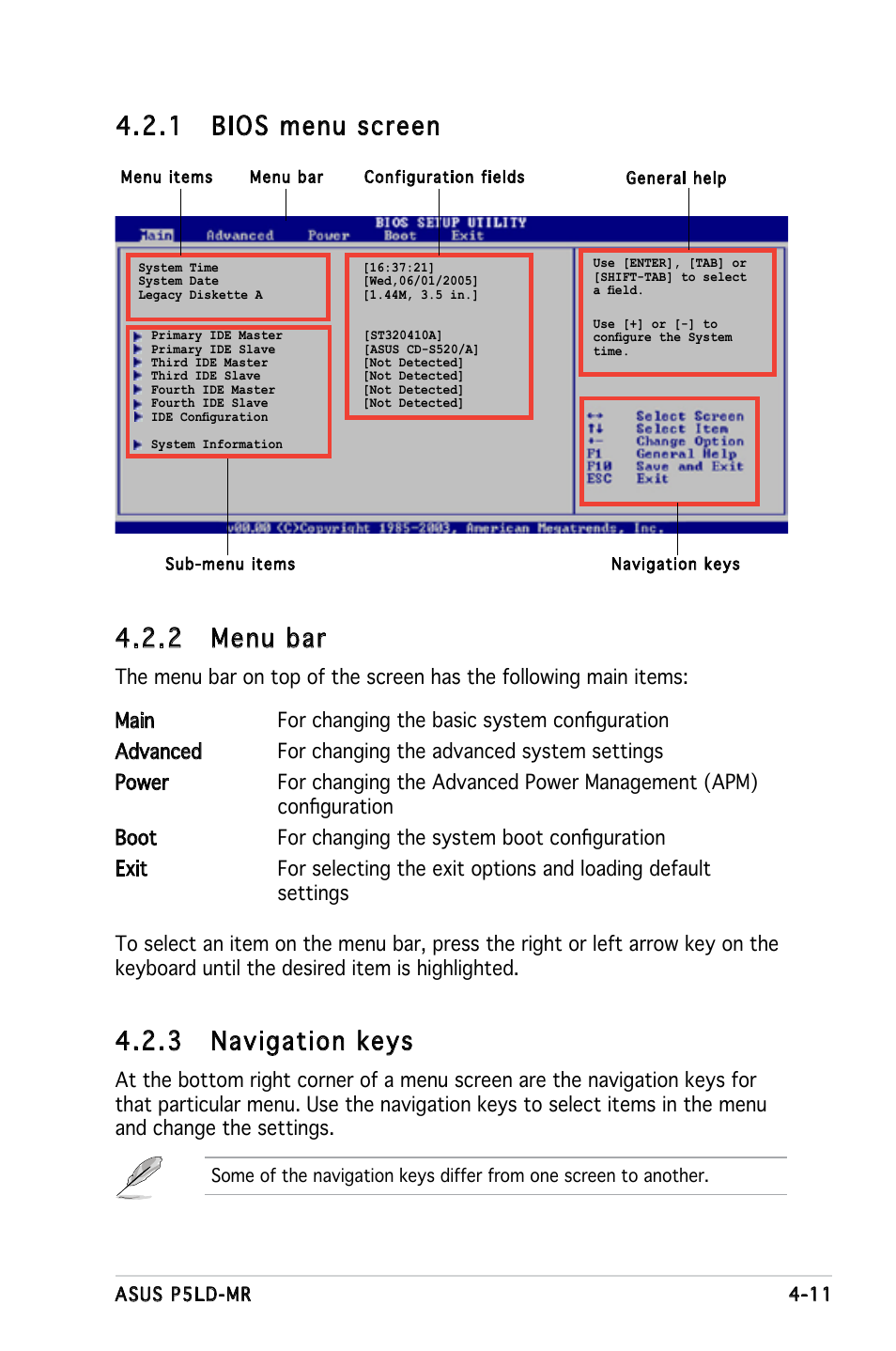 2 menu bar, 1 bios menu screen, 3 navigation keys | Asus P5LD-MR User Manual | Page 71 / 160