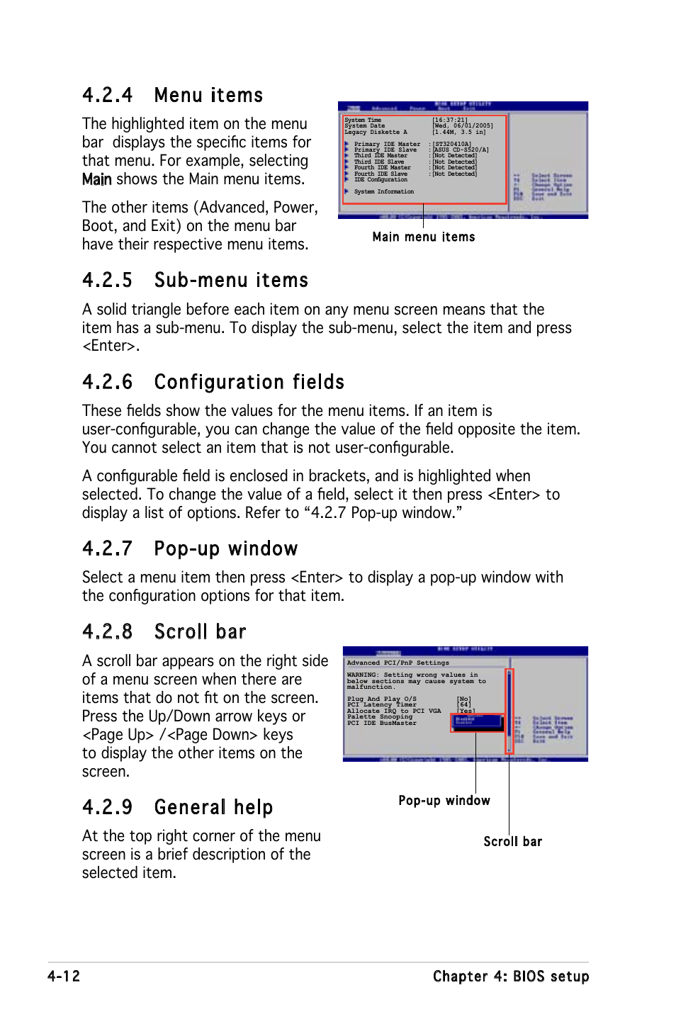 4 menu items, 5 sub-menu items, 6 configuration fields | 7 pop-up window, 8 scroll bar, 9 general help | Asus P5LD-MR User Manual | Page 72 / 160