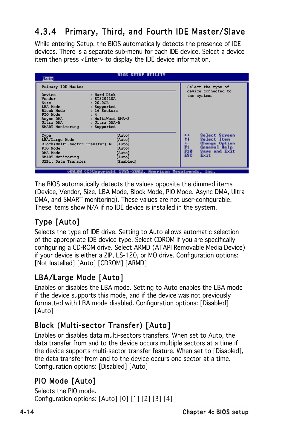 4 primary, third, and fourth ide master/slave, Type [auto, Lba/large mode [auto | Block (multi-sector transfer) [auto, Pio mode [auto | Asus P5LD-MR User Manual | Page 74 / 160