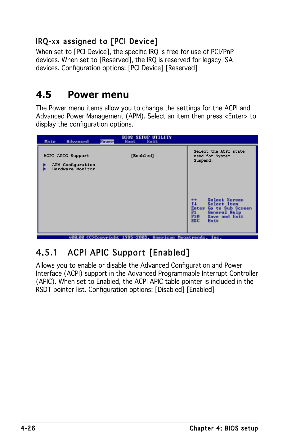5 power menu, 1 acpi apic support [enabled, Irq-xx assigned to [pci device | Asus P5LD-MR User Manual | Page 86 / 160
